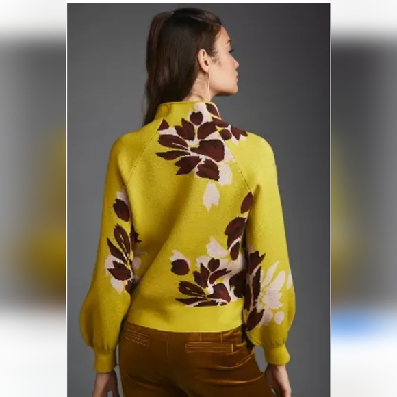 NWT Anthropologie The Beatriz Mock Neck Sweater Chartreuse Floral Size Small - Picture 2 of 7